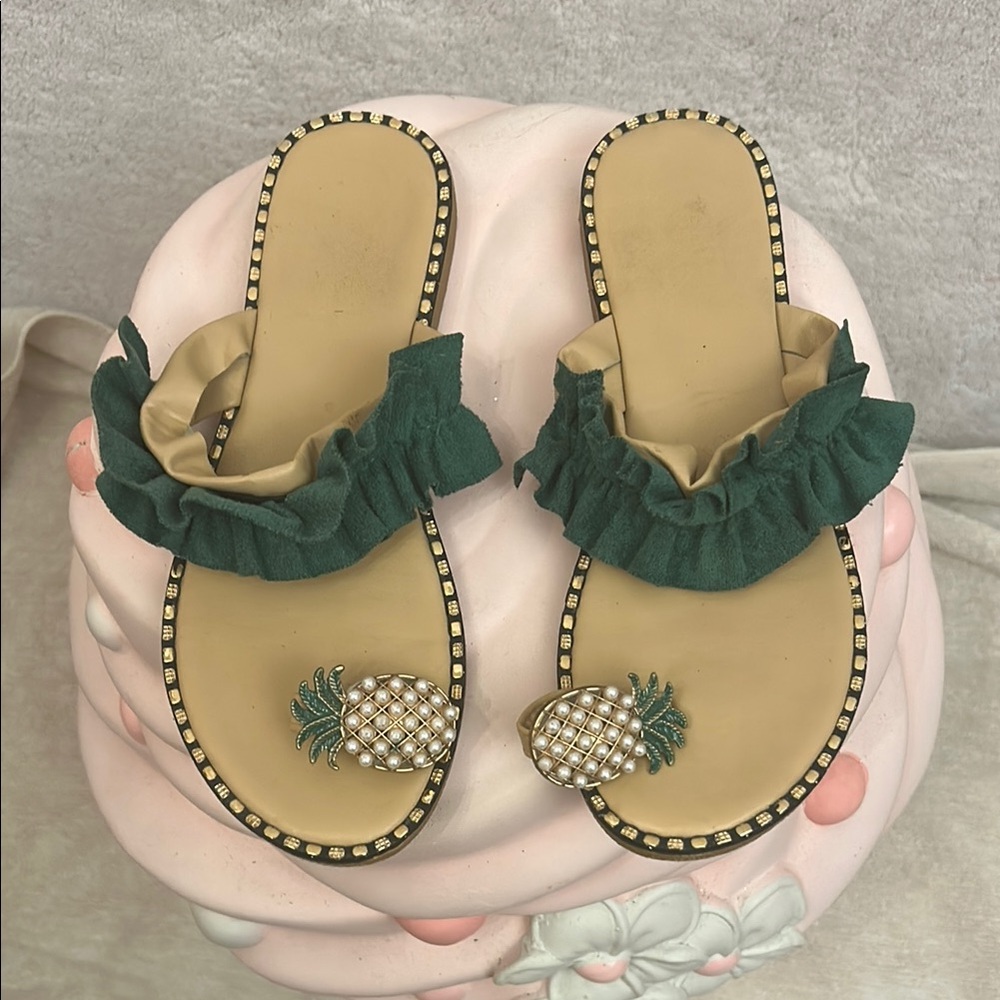 Green and Tan Ruffle Slide Sandals with Crystal Embellishments